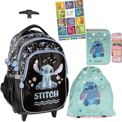PASO - Cartable pour garçons et filles – Lot de 4/6 sacs à dos d'écolier à roulettes pour enfants avec trousse – Sac à chaussures – Motif Lilo et Stitch – 1-3 classe, Lot de 4, L