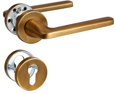 SORWDUERM Maniglia per porta in ottone anticato, set maniglia, acciaio inox spazzolato opaco, maniglia per porta d'ingresso e porta interna, forma a L, rosetta rotonda, cilindro profilato PZ
