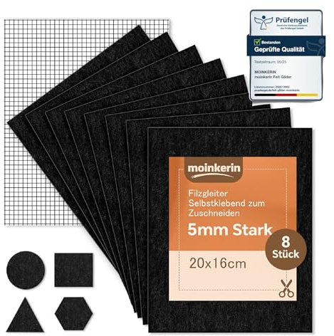 moinkerin 8 Pièces Patin Feutre Autocollant 16x20cm 5mm Patin Chaise Feutre pour Chaises,Parquet Réduction du Bruit & Protection Anti-rayures Patins en Feutre Auto-Adhésifs Découpez toute forme (Noir)