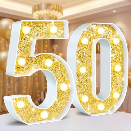 Ledido Light Up Numbers 50 Glitter, Lighted Number Sign for 50th Birthday Decorations, LED Gold Numbers as Birthday Gifts for Anniversary Wedding Party Decor, Night Lights for Bedroom Decorations