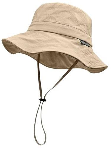 JFAN Sombrero de Pescador Mujer Hombre ala Ancha Protección UV Bucket Hat Plegable Trekking Sombrero de Sol Verano con Barbilla Ajustable,Caqui Talla única