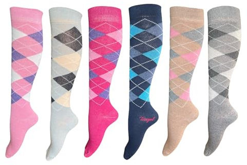 6 Pairs Women's/Ladies knee High Argyle Pattern Pink Design Equestrian Riding Boot Socks,Christmas socks Uk Size 4-7