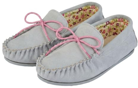 Ladies Real Suede Leather Moccasin with Hardwearing Sole (6 UK, Grey)
