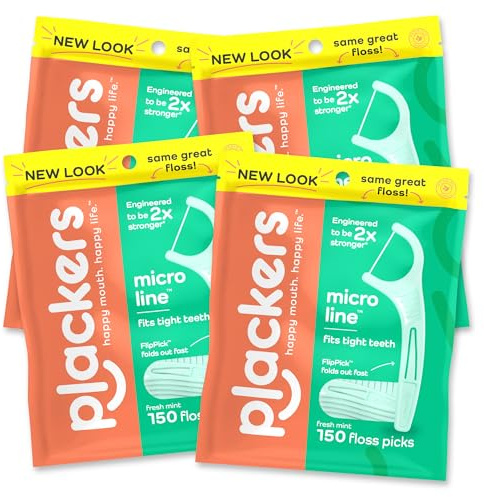 Plackers Micro Mint Dental Flossers, Fold-Out Toothpick, Super Tuffloss, Easy Storage with Sure-Zip Seal, Fresh Mint Flavor, 150 Count (Pack of 4)