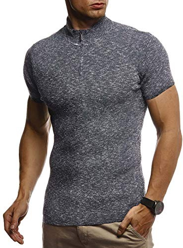 Leif Nelson LN7335 - Maglietta estiva da uomo con colletto Troyer, slim fit, in maglia fine, colore bianco, nero, basic da uomo, maglietta a maniche corte, Blu, XXL