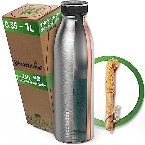 Blockhütte Reusable Water Bottle Stainless Steel I 500ml I 24h Cold Drinks I Suitable for Carbonated Drinks | incl Bottle Brush I Leak Proof Water Flask | for Travel, Sports, Work, BPA Free