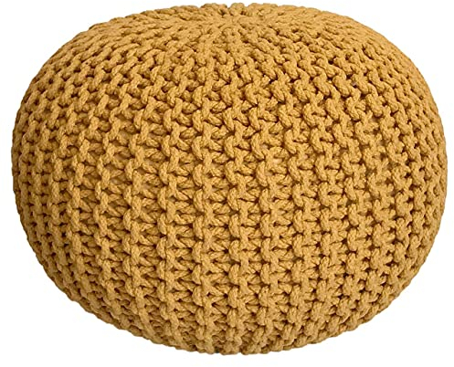 kreatives Wohnen Ø 55 cm Strickhocker Sitzpouf Sitzpuff Bodenkissen Grobstrick-Optik extrahoch Höhe 37 cm gelb Pouf, Extra breit