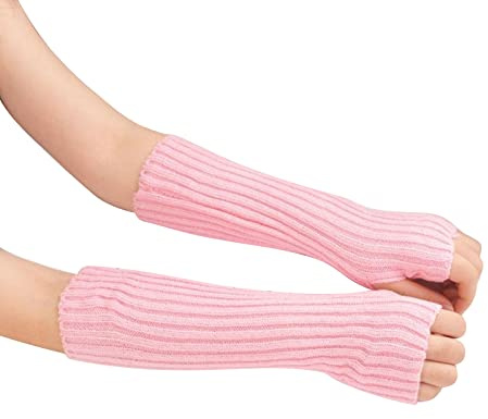 Suxgumoe Calentadores de brazos para mujer, guantes de punto de manga larga sin dedos, calentadores de muñeca de invierno con agujero para el pulgar para mujeres y niñas, rosa A, talla única