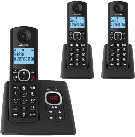 ALCATEL F530 Voice Trio - Téléphone Fixe Sans Fil DECT Avec Répondeur - Grand Écran Rétroéclairé - Haut-Parleur - Fonction Blocage Des Appels - 2 Touches De Mémoires Directes - 3 Combinés - Noir