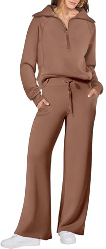 ANRABESS Women 2 Piece Outfits 2025 Fall Fashion Airport Wide Leg Pants Lounge Set Leisure Travel Vacation Clothes Sweatsuits Brown Small