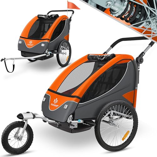 KESSER® Kinderanhänger Fahrradanhänger 360° Drehbar mit Federung 2in1 Joggerfunktion Kinderfahrradanhänger + 5-Punkt Gurt Jogger Fahrrad Anhänger für 1 bis 2 Kinder max. 40kg Inkl. Warnfahne, Orange