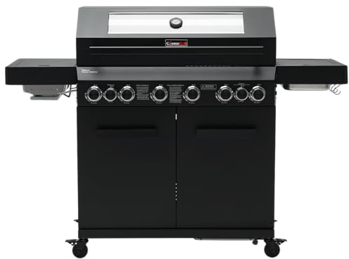 CosmoGrill 8 Burner Platinum Yamara Dark 6+2 Gas BBQ, Viewing Glass, 4 Main Burners, 1 Ceramic Sear Zone, 1 Back Grill, Cast Iron Grills & Bamboo Storage (Black)