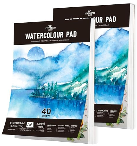 Stationery Island Papel Acuarela A6 300gr, 40 Hojas Cuaderno Bloc Pack de 2 para Niños y Adultos - Profesional para Pintar, Dibujar y Bocetos