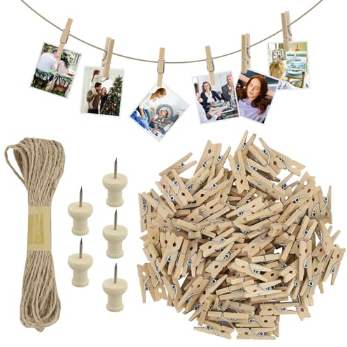 150PCS Mini Wooden Pegs, 2.5cm Natural Small Pegs for Hanging Photos, Wooden Pegs Craft with 10M Jute String for Photo Wall Display, Craft, Weddings & Party