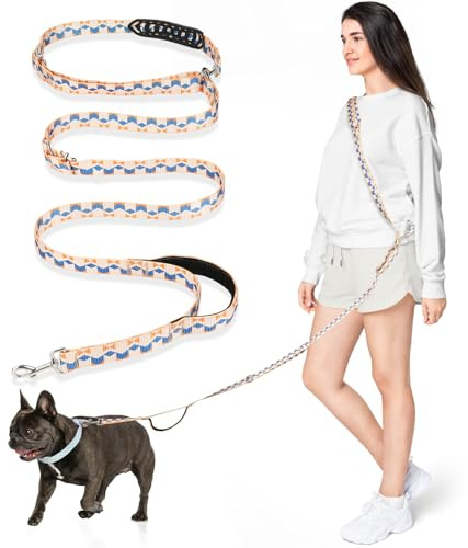 Tivray Laisse Mains Libres pour Chien 2,6 m, Laisse Ajustable pour Chiens Moyens, Course Jogging Marche, Portée Épaule Taille ou Main, 3 Anneaux, Poignée Rembourrée, Géométrique Orange