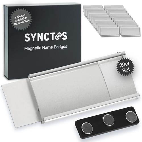 Synctos Placas identificativas magnéticas (Pack de 20) – 3 imanes fuertes de neodimio N40 – Ideales para ferias y conferencias – Porta credenciales de aluminio – Con plantilla de impresión – 72x31 mm