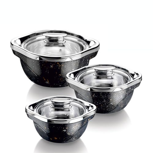 SIGNORA WARE Große isolierte Auflaufform mit Deckel, 3er-Set, Edelstahl-Heißtopf, Speisenwärmer, Kühler, Thermo-Suppen-/Salat-Servierschüssel, Edelstahl-Behälter für heiße Speisen, bestes Geschenk-Set