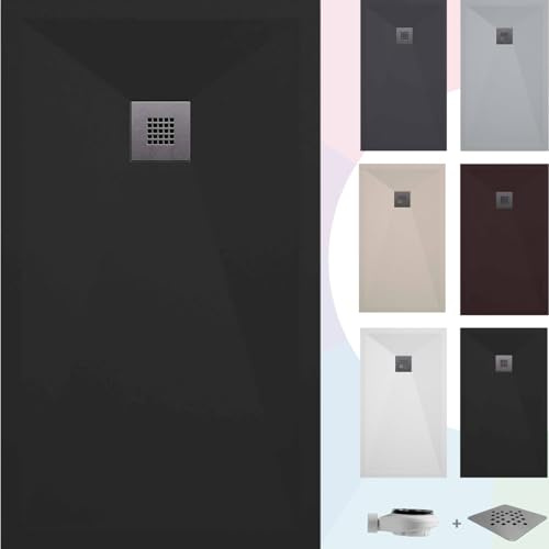 SOULBATH Plato de Ducha - Resina - Textura Liso Seda - Antideslizante - Color Negro - 100x90- Extraplano - Gel-Coating® - Incluye Válvula desagüe+Rejilla