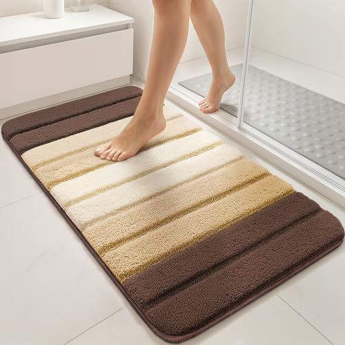 VOUNOT® Pack de 2 Alfombra de Baño Antideslizante 50 x 80 cm, Alfombrilla Súper Absorbente y Extra Gruesa de Microfibra con Diseño Degradado Lavable a Máquina, Suave y Acolchada, Beige