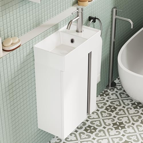 BRIDGE BENO Mueble de Baño 40 cm con Lavabo – Mueble Pequeño y Funcional, Ahorra Espacio con Almacenamiento, Aseo de Invitados, Blanco Mate