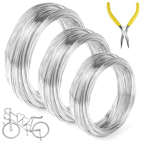 Basteldraht, 3 Rollen Aluminium-Draht, 0,8 mm, 1,0 mm, 1,5 mm Schmuckdraht, Flexibler Metalldraht Silberdraht Bindedraht Mit Zange für Schmuckherstellung Bastelarbeiten(10 m/Rolle)