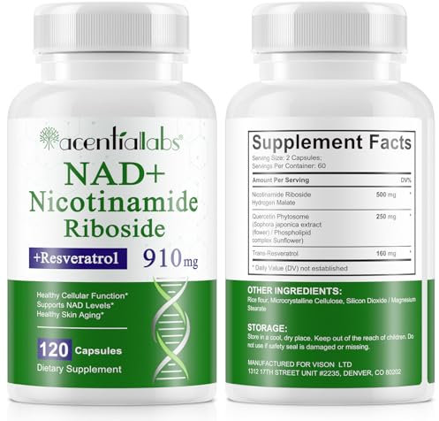 Nad Resveratrol, NAD Nicotinamide Riboside 900 mg 120 Capsule, alto Assorbimento, Integratore NAD Efficace per l'anti-invecchiamento, i Muscoli, l'energia, la Concentrazione