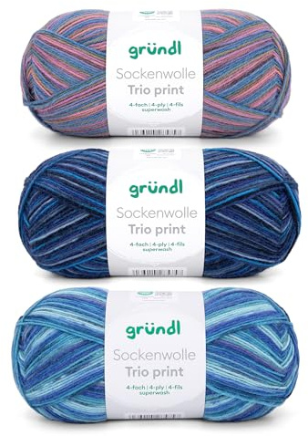 Gründl Ull strumpull Trio – stickgarn för 3 par strumpor – hållbar och hudvänlig – 75% ny ull, 25% polyamid – 3 nystan 100 g/420 m – nåltjocklek 2,5–3 – blå syrénrosa