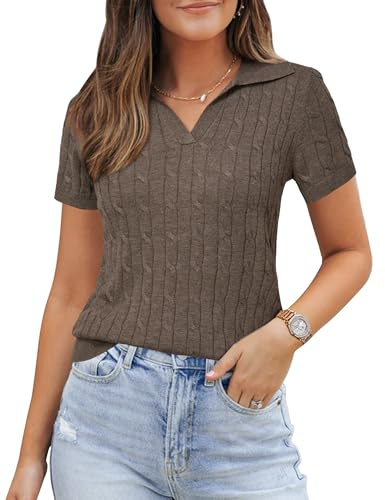 Arach&Cloz Women's Wool Blend Dressy Short Sleeve Sweater Cashmere Sweater Knit Spring Summer Trendy Outfits Business Casual V Neck Collared Golf Polo Shirt Pullover Work Tops 2026 Cable Knit-Coffee M