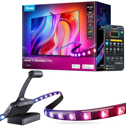 Govee TV Backlight 3 Pro con Triple Cámara HDR, 5 en 1 RGBWWIC Tira de Luces LED TV 3,6M de 55-65 pulgadas, 75 LED/m, Compatible con filtro IA, APP Inteligente y Control por Voz, DreamView Sync