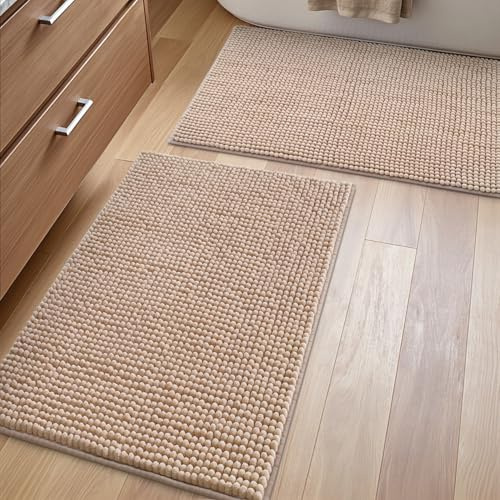 DEXI 2 Alfombras Baño de Chenille 40 x 60 cm, Alfombrilla Bañera Antideslizante, Alfombra Ducha Súper Absorbente, Suave y Cómoda, Lavable a Máquina, Beige