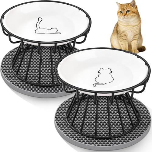 Otauoaea Set de 2 Comedero Gato Elevado, Plato Gato Plano de Cerámica con Soporte y Alfombrilla Antideslizante, Cuenco para Gatos Que Alivia la Fatiga de los Bigotes (B-Negro)