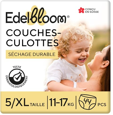 Edelbloom Premium 44 Bragapañales Talla 5 (11–17 kg), Ultraabsorbentes y Transpirables, Hipoalergénicos, Extra Suaves y Delicados para Bebés, Dermatológicamente Probados, Protección Antifugas Segura
