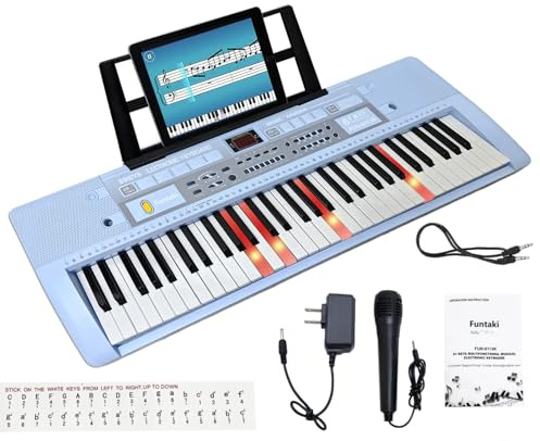 Funtaki 61 tangenter elektriskt pianotangentbord med upplysta tangenter digitalt bärbart synthesizer-tangentbord med stativ, mini musik tangentbord pianon för nybörjare barn blå