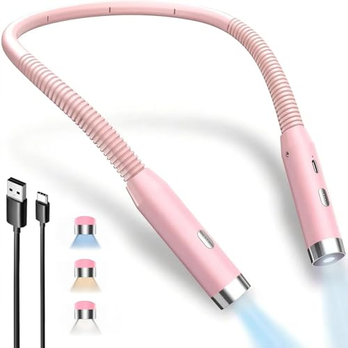 LED Neck Reading Light, 3-Color & 3-Brightness Adjustable Bendable Neck Light, USB Rechargeable Book Light for Reading in Bed, Knitting, Crochet, Camping, Working, Book Lovers Gifts (Pink)