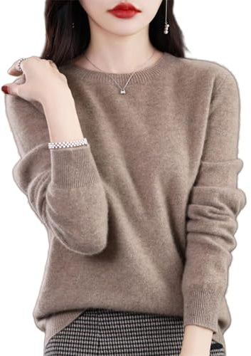 Generisch Maglione in Cashmere da Donna, 100% Cashmere, Girocollo, Morbido Maglione a Maniche Lunghe, Maglione da Donna in 100% Lana Merino 100 Cashmere, marrone chiaro, M
