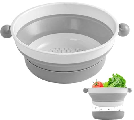 Collapsible Colander, Small Foldable Kitchen Strainer for Pasta Vegetables Fruits, Durable Plastic Colander with Base for Daily Rinsing Suitable for Home Kitchen Grey 22cm 8.7in