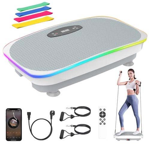 Plataforma Vibratoria, 120 Velocidades Plataforma Vibración Muscular para Musculación y Moldeado, Luces Frescas, hasta 350 LBS, Bluetooth y Mando a Distancia, 4 Bandas de Resistencia