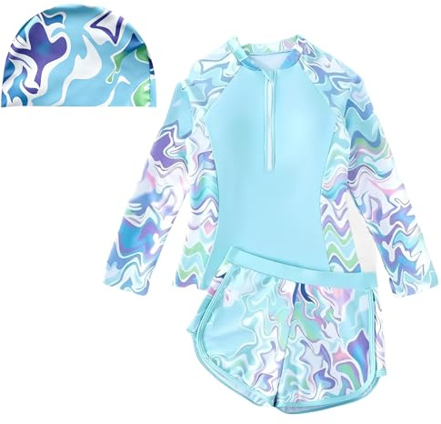UV Badeanzug Mädchen mit Gepolsterte BHS Gr 120-160, Langarm Kinder UV Badebekleidung mit Badeshirt & Shorts, Teenager Schwimmshirt UV Shirt Schwimmanzug für 7–14 Jahre (Blau 120)