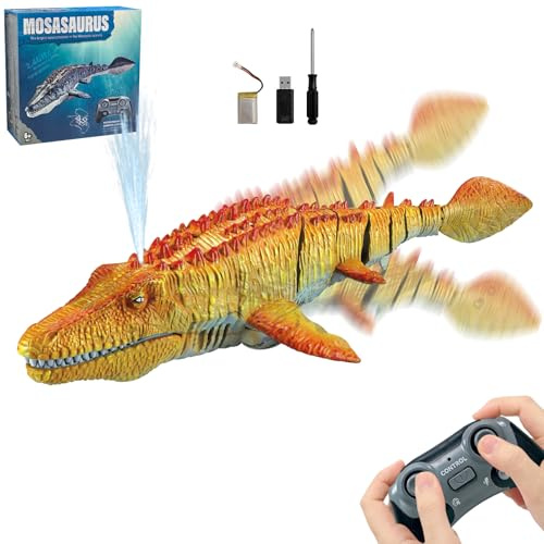 PHOEWON 2.4GHz RC Mosasaurus Dinosaur Boat, Yellow, Kids 6+ | Dual Propellers, Electric, Spray Water, Indication Light, Bath Swimming Pool Lake Toy