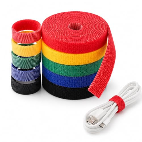 5 Rolls Reusable Cable Ties – Hook and Loop Fastening Tape – 2M per Roll (Total 30ft) – Nylon Cable Straps Organizer for Wire Cord Management – Home Office Computer TV