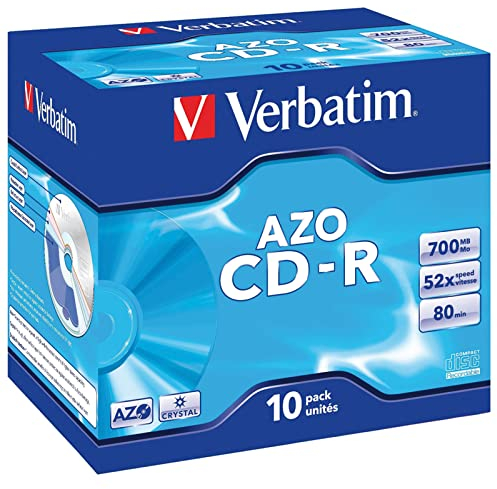 Verbatim CD-R AZO Crystal 700 MB, 10er Pack Jewel Case, CD Rohlinge, 52-fache Brenngeschwindigkeit mit langer Lebensdauer, leere CDs, Audio CD Rohling, für Fotos & Videos & Dokumente