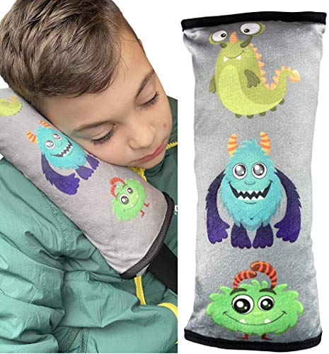 HECKBO Auto Schlafkissen für Kinder Mädchen Jungen - Monster - maschinenwaschbar – kuschelweich - Auto Gurtkissen, Gurtschoner, Gurtschutz Sitzerhöhung, Auto Kissen, Reisekissen, Urlaub