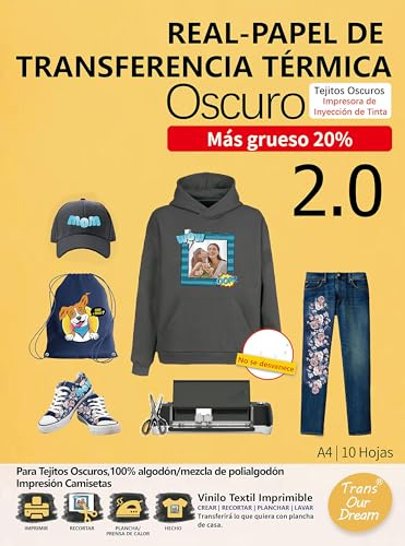 TransOurDream Real-Papel de Transferencia Térmica Para Camisetas, Sudaderas o Tejidos Oscuros 2.0 A4 10 Hojas Fácil de Usar, Papel Transfer Compatible con Impresoras de Inyección de Tinta, ES-02-10