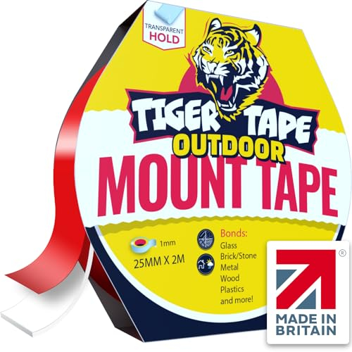 Tiger Tape® UK Made. Outdoor Double Sided Mounting Tape | Clear Heavy Duty Waterproof Tape for Brick, Glass, Metal, Plastics | Quick & Easy, No Screws, Nails, or Glue Needed | Permanent