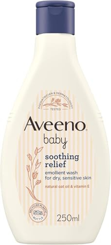 Aveeno Baby Soothing Relief Emollient Wash (1 x 250ml), Unscented, Gentle and Tear-Free Baby Wash with Natural Oat Oil & Vitamin E, Skin Feels Moisturised for 24 Hours, for Dry, Sensitive Skin