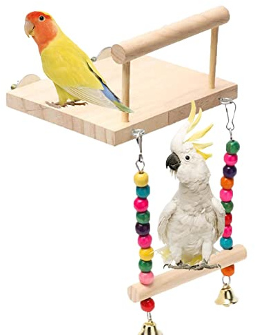 Pratvider Plate-Forme Perroquet | Perroquet en Bois avec balançoire - Accessoires Cage Perruche avec hochet pour Petites perruches calopsittes Conures pinsons perruches154/200