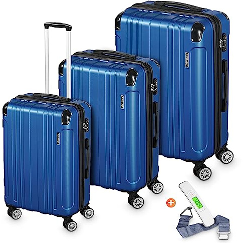 VESKA 3tlg. Hartschalenkofferset Hard Shell Reisekoffer Kofferset Trolley Koffer Hartschalenkoffer Reisekofferset Rollkoffer TSA Zahlenschloss 4 Rollen ABS-Hartschale M-L-XL (königsblau)