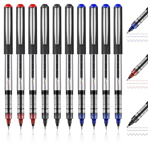 OFFCUP Gel Pens, 10pcs Liquid Ink Rollerball Pen, 0.5mm Quick-Drying Ballpoint Pens Rollerball Pens Writing Pens for Bullet Journal, School & Office Accessories for Students Adults (Black,Blue,Red)