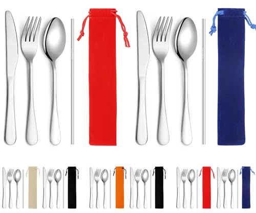 Kyraton Campingbestick 2-pack med bärbar bas, bestick i rostfritt stål för utomhusbruk, picknick, kontor, skola, lantbruk, lunchlåda, diskmaskinssäker