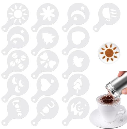 XKSOCT Saupoudreuse Cacao 16 pièces,Boîte à Saupoudrer Sucre Glace Farine,Tamis Cuisine Inox pour Décoration Latté Pâtisserie avec Cuillère Stylo Barista et Pochoirs pour Café Cappuccino